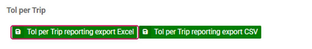 De twee exportknoppen op de pagina Tol per Trip. Gemarkeerd: Tol per Trip reporting export Excel.